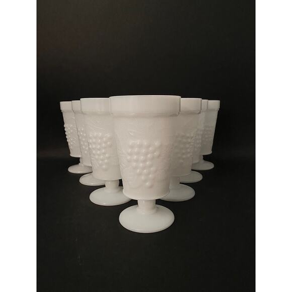 Set of 10 Footed Iced Tea Goblets - White Milk Glass Tumblers Embossed Grapes - Picture 1 of 10